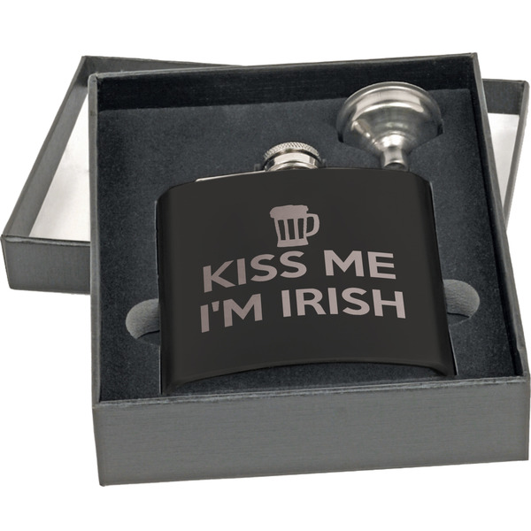 Kiss Me I'm Irish Engraved Black Flask Gift Set