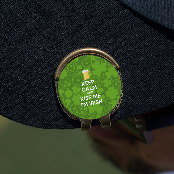 Kiss Me I'm Irish Golf Ball Marker Hat Clip - Gold - On Hat