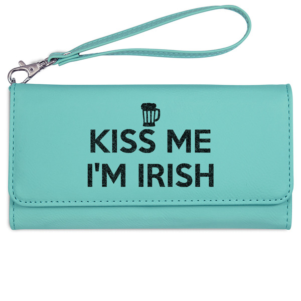 Kiss Me I'm Irish Ladies Wallet - Leather - Teal - Front View