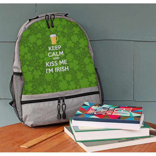 Kiss Me I'm Irish Large Backpack - Gray - On Desk