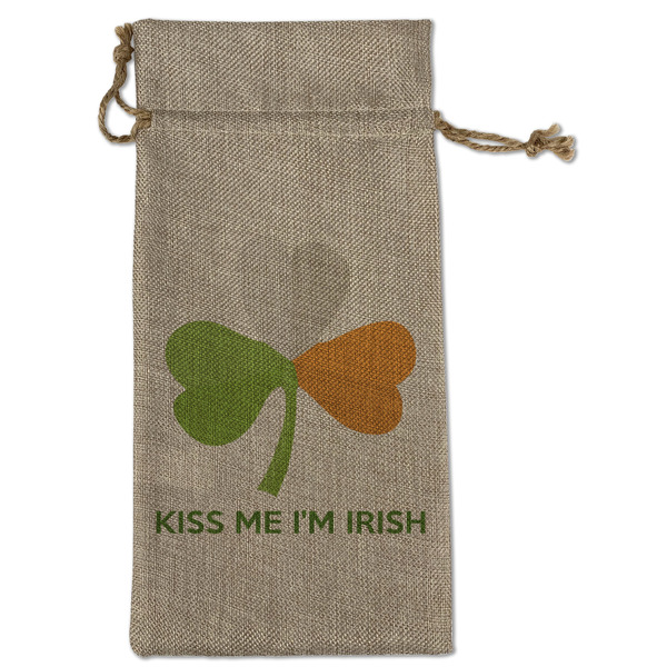 Custom Kiss Me I'm Irish Large Burlap Gift Bag - Front