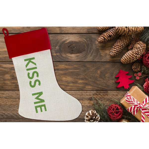 Kiss Me I'm Irish Linen Stocking w/Red Cuff - Flat Lay (LIFESTYLE)