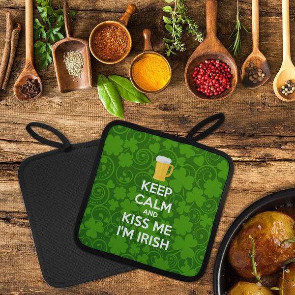 Kiss Me I'm Irish Neoprene Pot Holder - Set of 2  LIFESTYLE (Flatlay)
