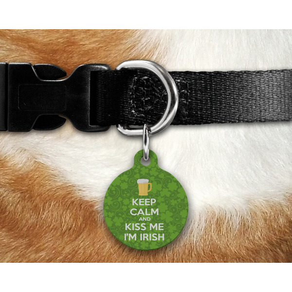 Kiss Me I'm Irish Round Pet Tag on Collar & Dog