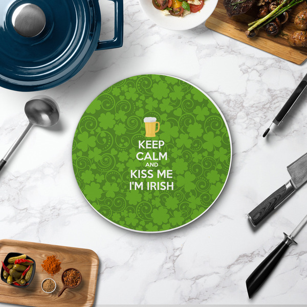 Kiss Me I'm Irish Round Stone Trivet - In Context View