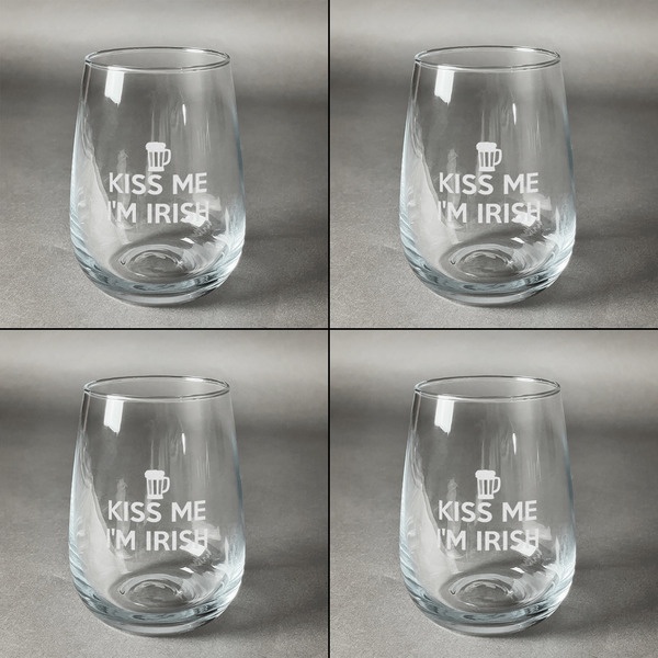 Kiss Me I'm Irish Set of Four Personalized Stemless Wineglasses (Approval)
