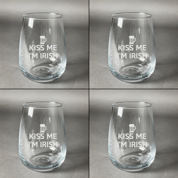 Kiss Me I'm Irish Set of Four Personalized Stemless Wineglasses (Approval)