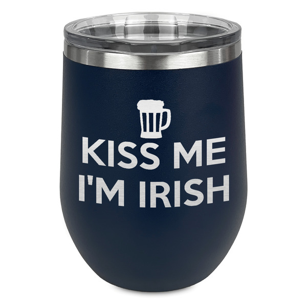Custom Kiss Me I'm Irish Stemless Stainless Steel Wine Tumbler - Navy - Single Sided