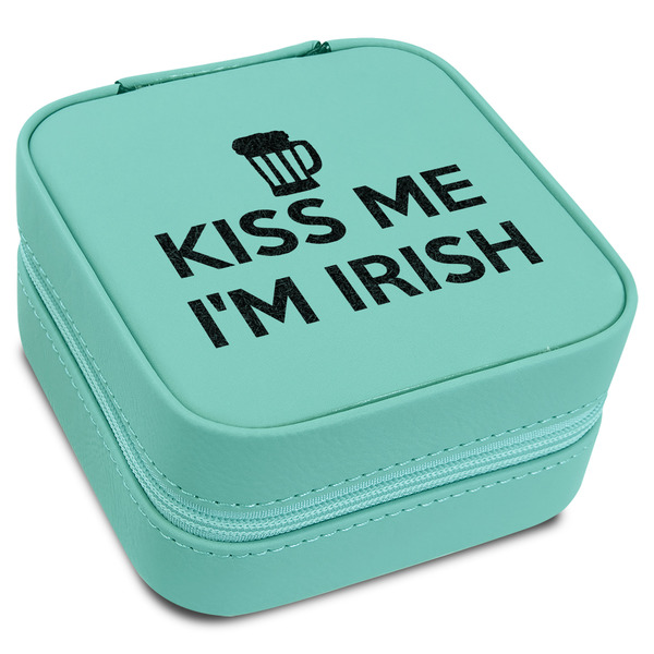 Custom Kiss Me I'm Irish Travel Jewelry Box - Teal Leather