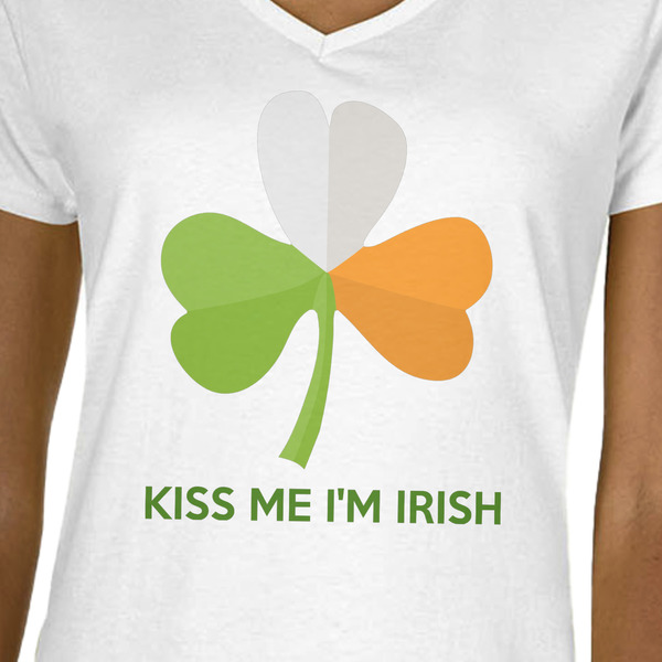 Kiss Me I'm Irish White V-Neck T-Shirt on Model - CloseUp