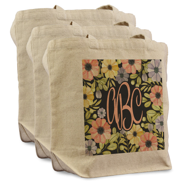 Boho Floral 3 Reusable Cotton Grocery Bags - Front View