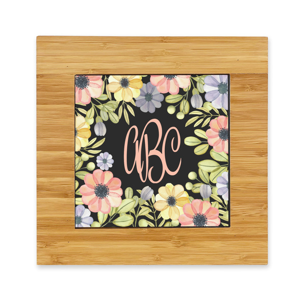 Custom Boho Floral Bamboo Trivet with Ceramic Tile Insert (Personalized)