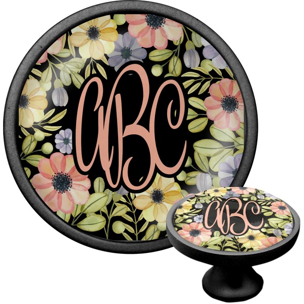 Custom Boho Floral Cabinet Knob (Black) (Personalized)
