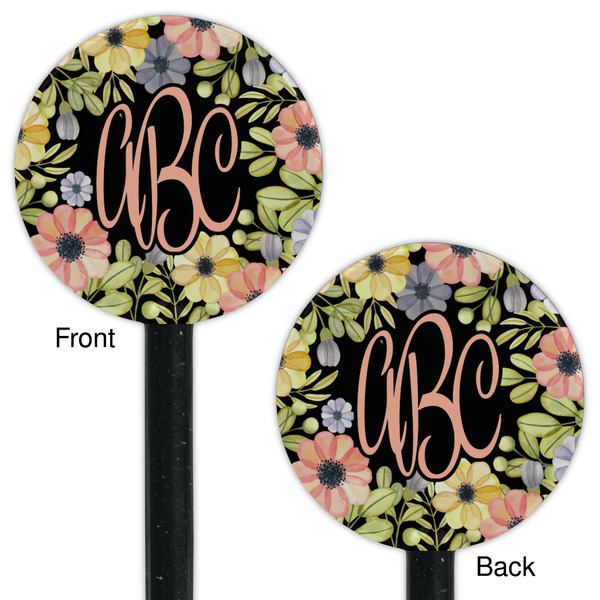 Boho Floral Black Plastic 5.5" Stir Stick - Double Sided - Round - Front & Back