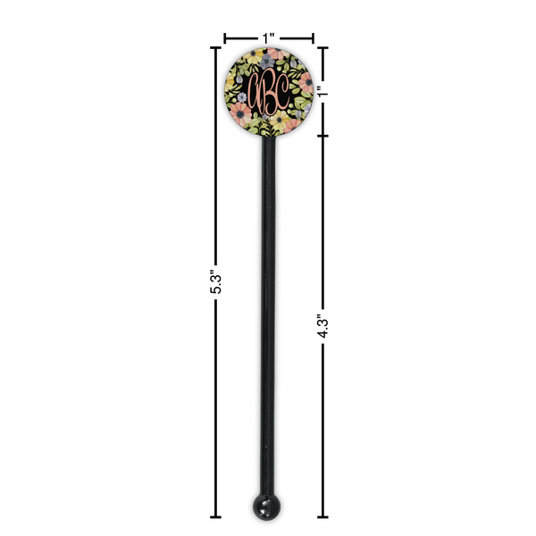 Boho Floral Black Plastic 5.5" Stir Stick - Round - Dimensions