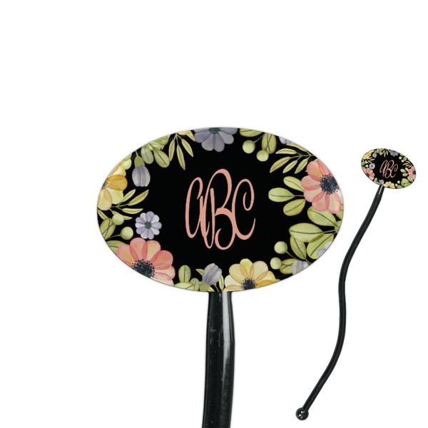 Custom Boho Floral 7" Oval Plastic Stir Sticks - Black - Double Sided (Personalized)