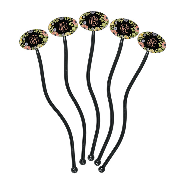 Boho Floral Black Plastic 7" Stir Stick - Oval - Fan