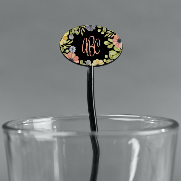 Boho Floral Black Plastic 7" Stir Stick - Oval - Main