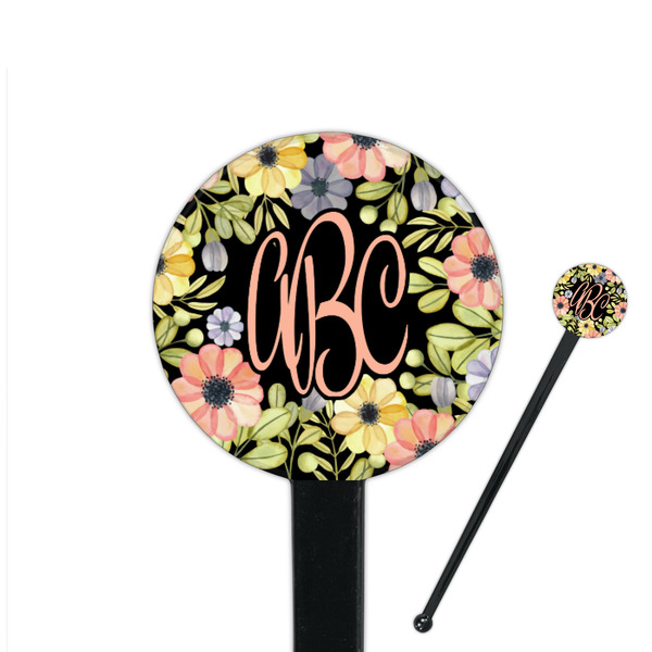 Custom Boho Floral 7" Round Plastic Stir Sticks - Black - Double Sided (Personalized)