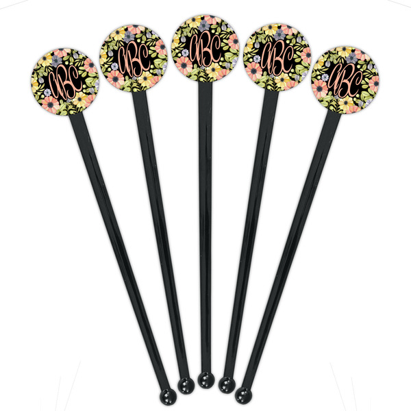 Boho Floral Black Plastic 7" Stir Stick - Round - Fan View
