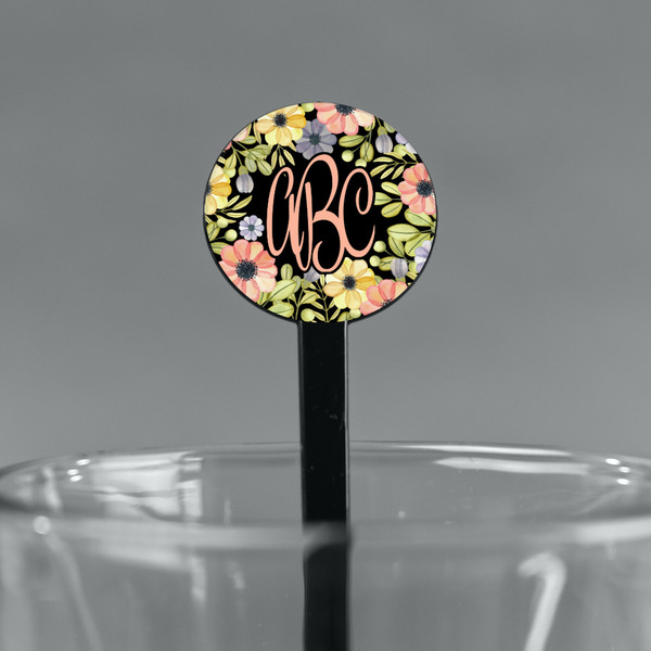 Boho Floral Black Plastic 7" Stir Stick - Round - Main