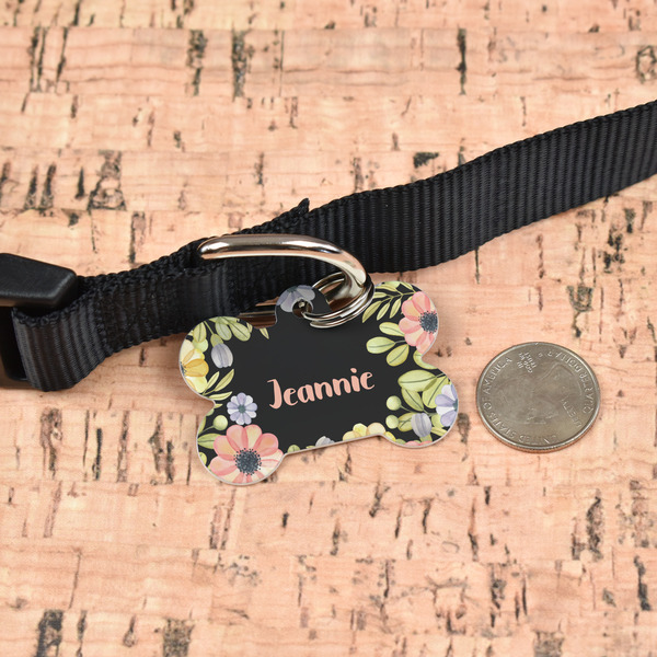 Boho Floral Bone Shaped Dog ID Tag - Large - In Context