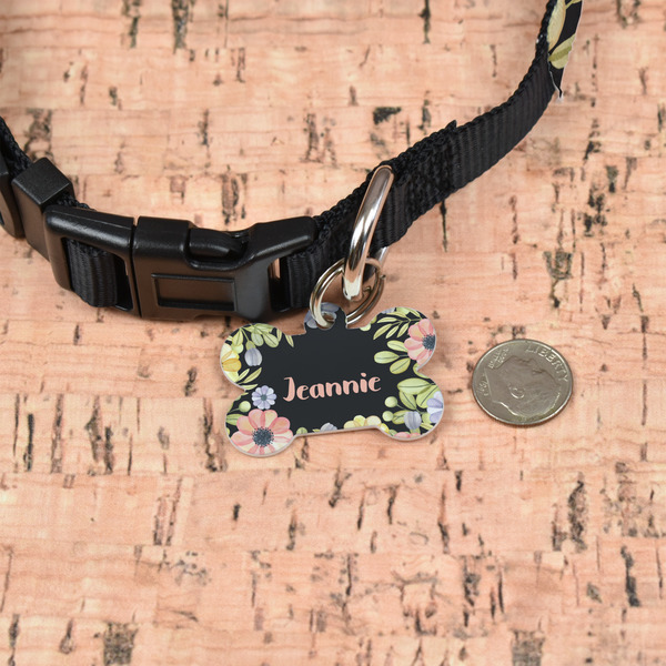 Boho Floral Bone Shaped Dog ID Tag - Small - In Context