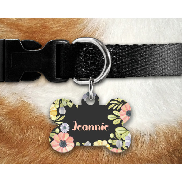 Boho Floral Bone Shaped Dog Tag on Collar & Dog