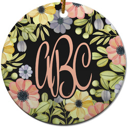 Boho Floral Round Ceramic Ornament w/ Monogram