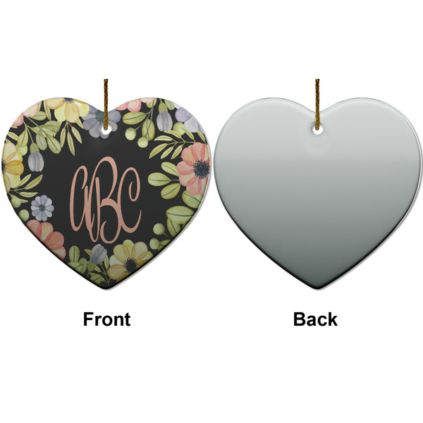 Boho Floral Ceramic Flat Ornament - Heart Front & Back (APPROVAL)