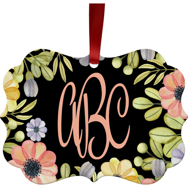 Custom Boho Floral Metal Frame Ornament - Double Sided w/ Monogram