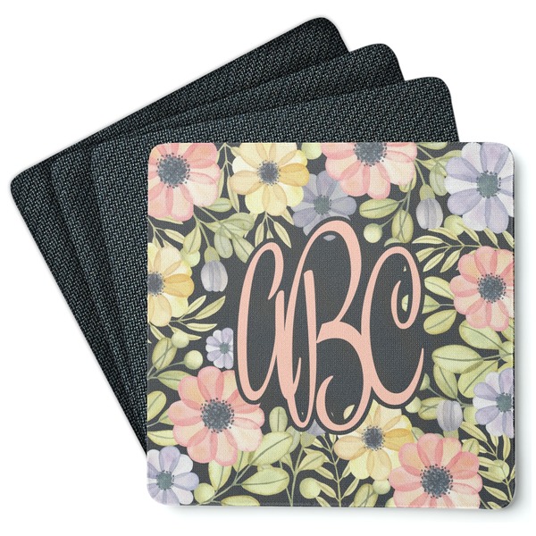 Custom Boho Floral Square Rubber Backed Coasters - Set of 4 (Personalized)