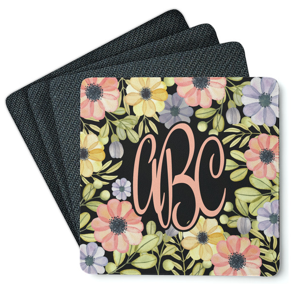Custom Boho Floral Square Rubber Backed Coasters - Set of 4 (Personalized)
