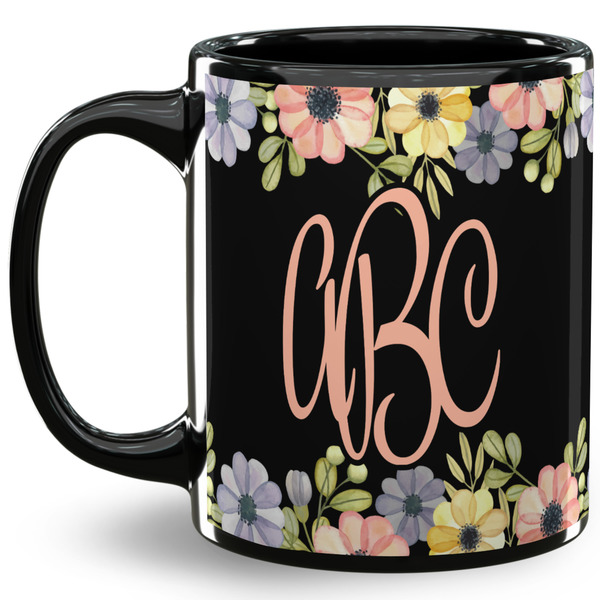 Custom Boho Floral 11 Oz Coffee Mug - Black (Personalized)