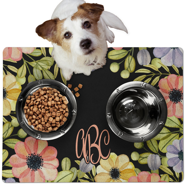 Custom Boho Floral Dog Food Mat - Medium w/ Monogram