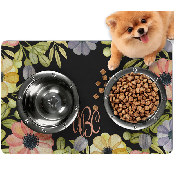 Custom Boho Floral Dog Food Mat - Small w/ Monogram