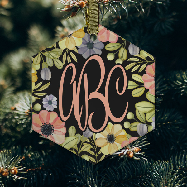 Boho Floral Frosted Glass Ornament - Hexagon (Lifestyle)