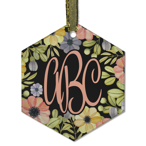 Custom Boho Floral Flat Glass Ornament - Hexagon w/ Monogram