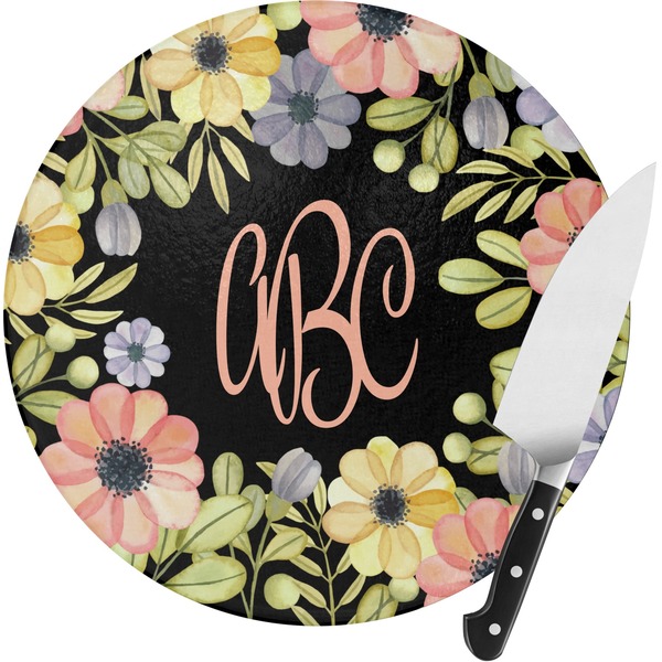 Custom Boho Floral Round Glass Cutting Board - Medium (Personalized)