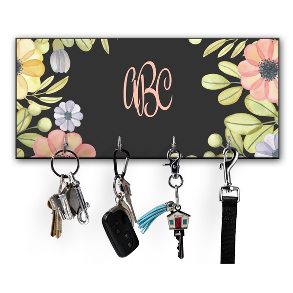 Custom Boho Floral Key Hanger w/ 4 Hooks w/ Monogram