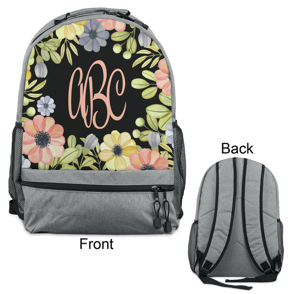 Boho Floral Large Backpack - Gray - Front & Back View