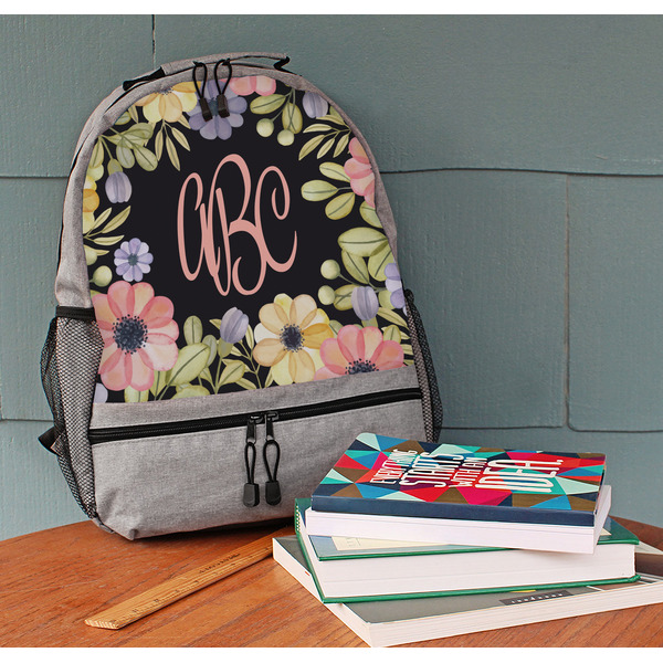 Boho Floral Large Backpack - Gray - On Desk