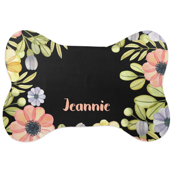 Custom Boho Floral Bone Shaped Dog Food Mat (Personalized)