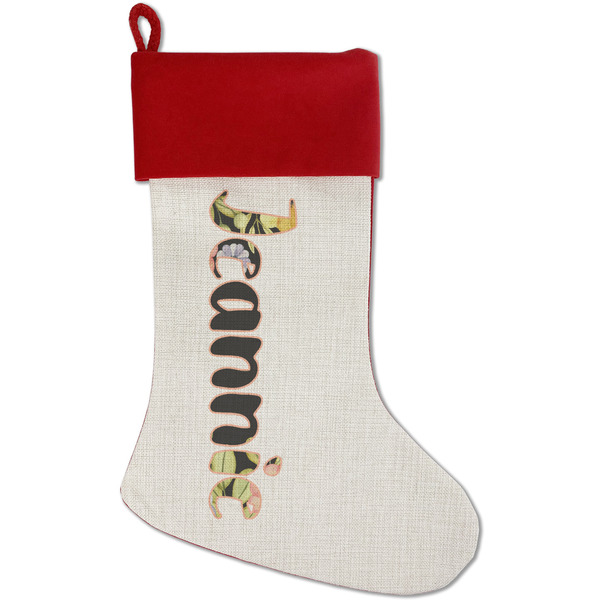 Custom Boho Floral Red Linen Stocking (Personalized)