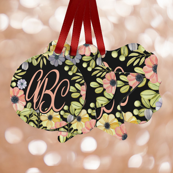 Custom Boho Floral Metal Ornaments - Double Sided w/ Monogram