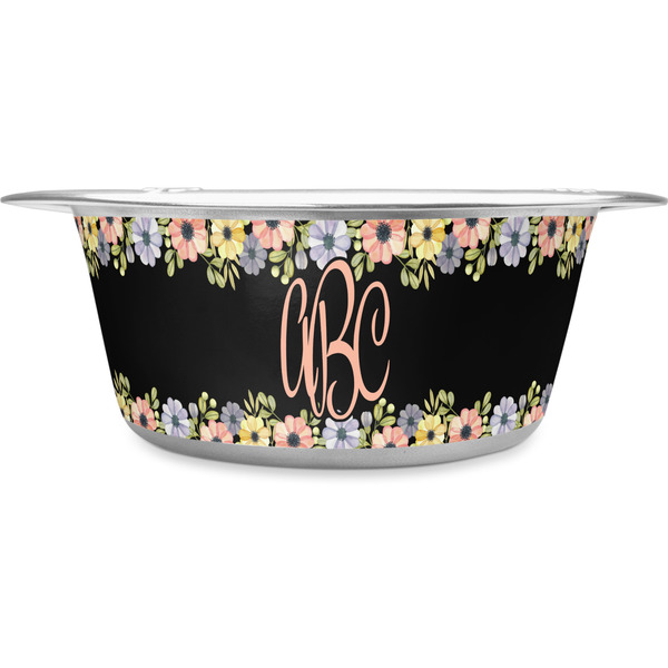 Custom Boho Floral Stainless Steel Dog Bowl - Large (Personalized)