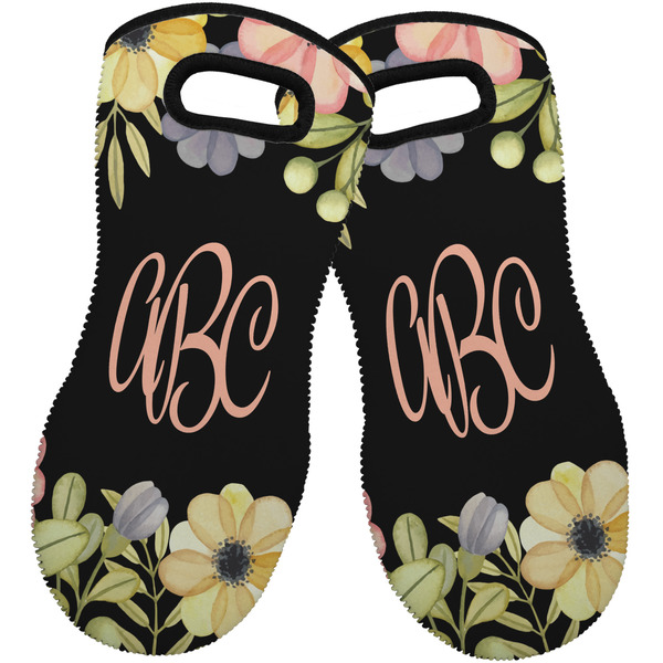Custom Boho Floral Neoprene Oven Mitts - Set of 2 w/ Monogram