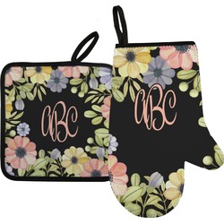 Boho Floral Oven Mitt & Pot Holder Set w/ Monogram