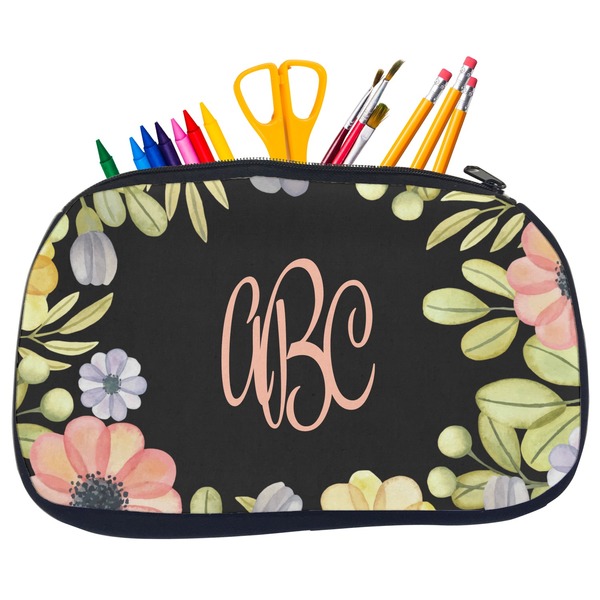 Custom Boho Floral Neoprene Pencil Case - Medium w/ Monogram