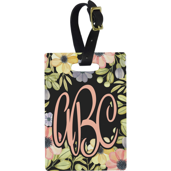 Custom Boho Floral Plastic Luggage Tag - Rectangular w/ Monogram